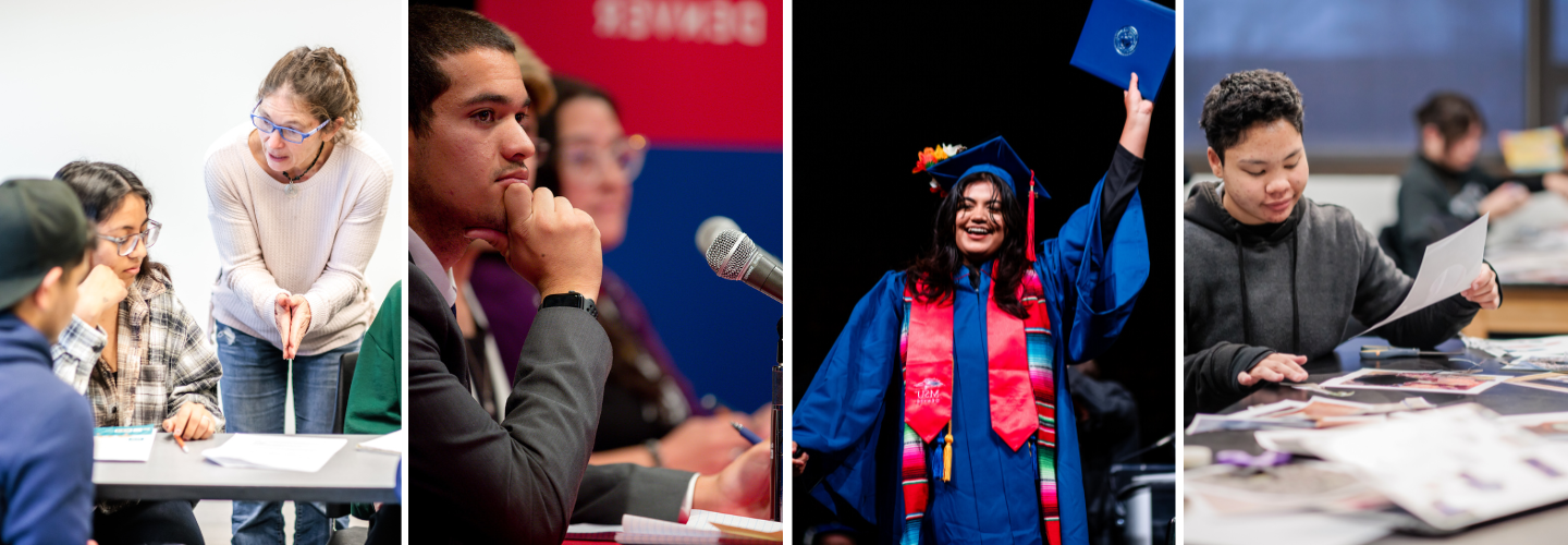 4 images - Image 1: A student holding a paper; Image 2: A MSU Denver Graduate holding their diploma cover; Image 3: A student sitting in front of a microphone; Image 4: A professor speaking to two students during class